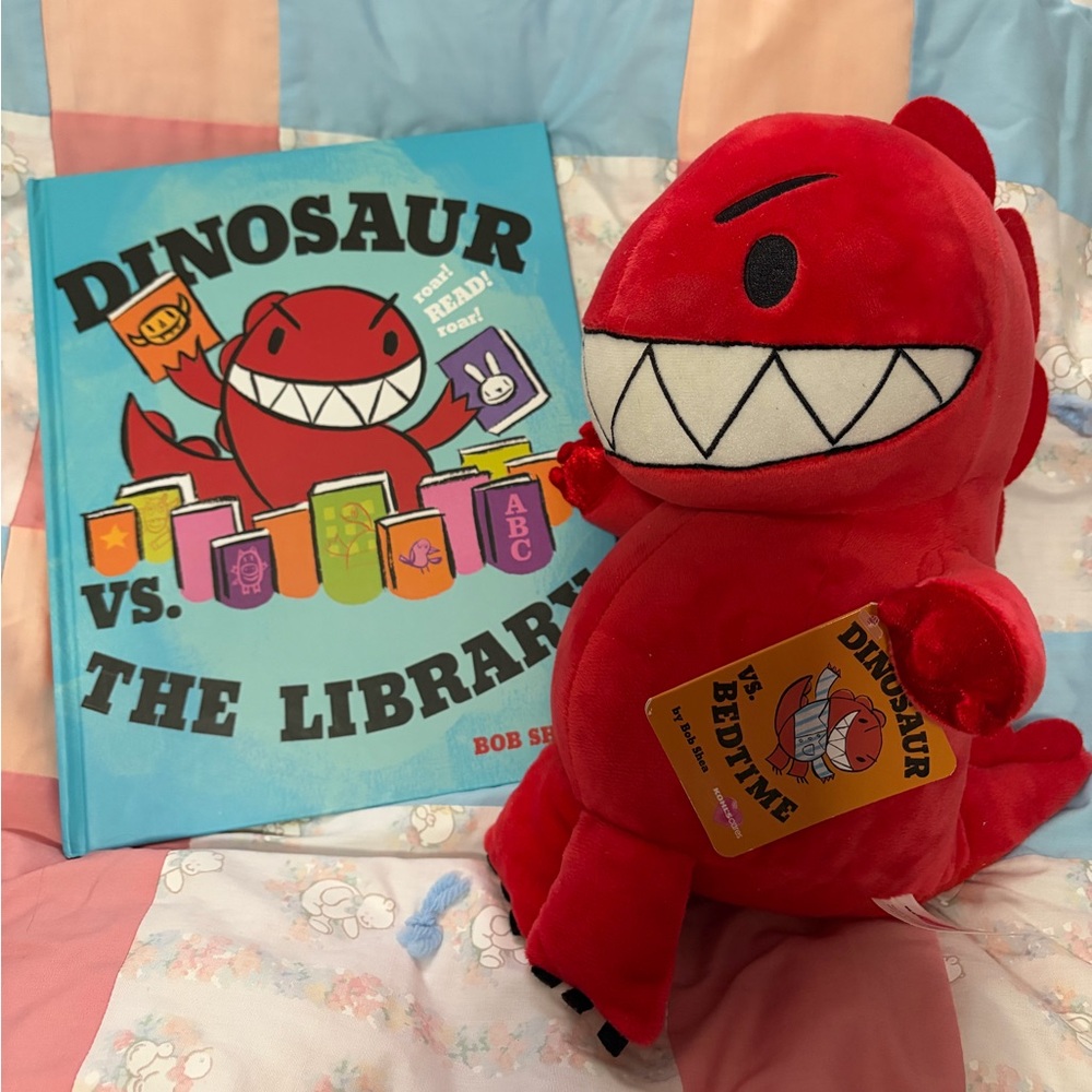 Red Toothy T-Rex Dinosaur vs Bedtime Plush & vs Library HC Book -Kohls Cares BWT